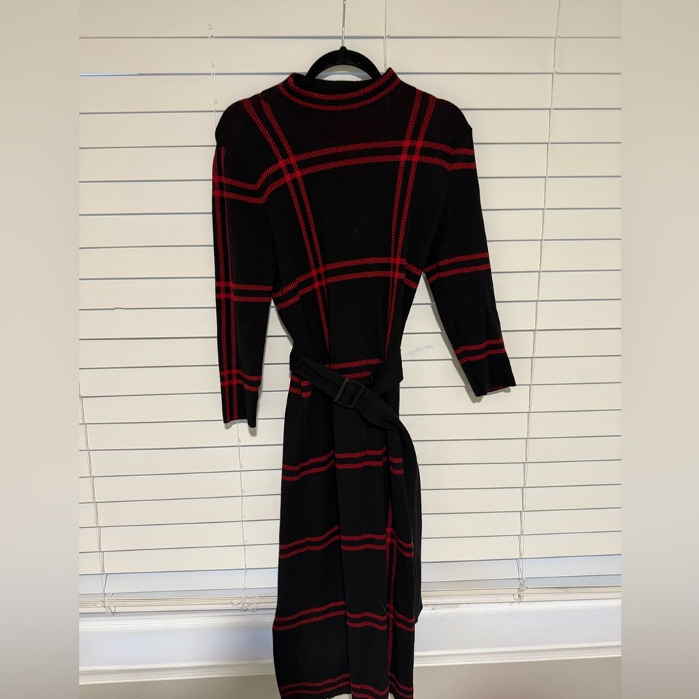 Ann Taylor Black Sweater Dress with Red Windowpane Plaid